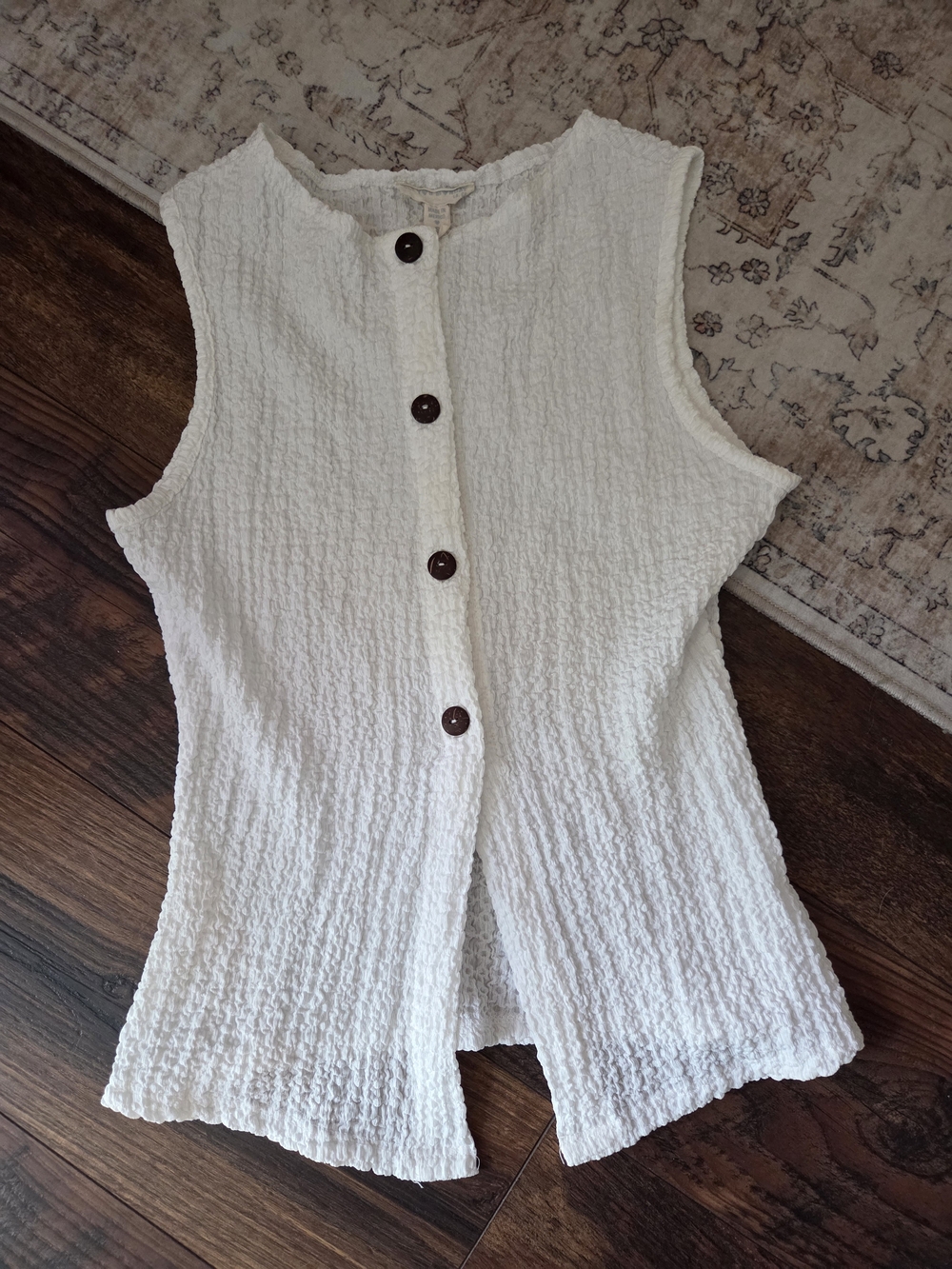 Sleeveless White Textured Button-Front Top